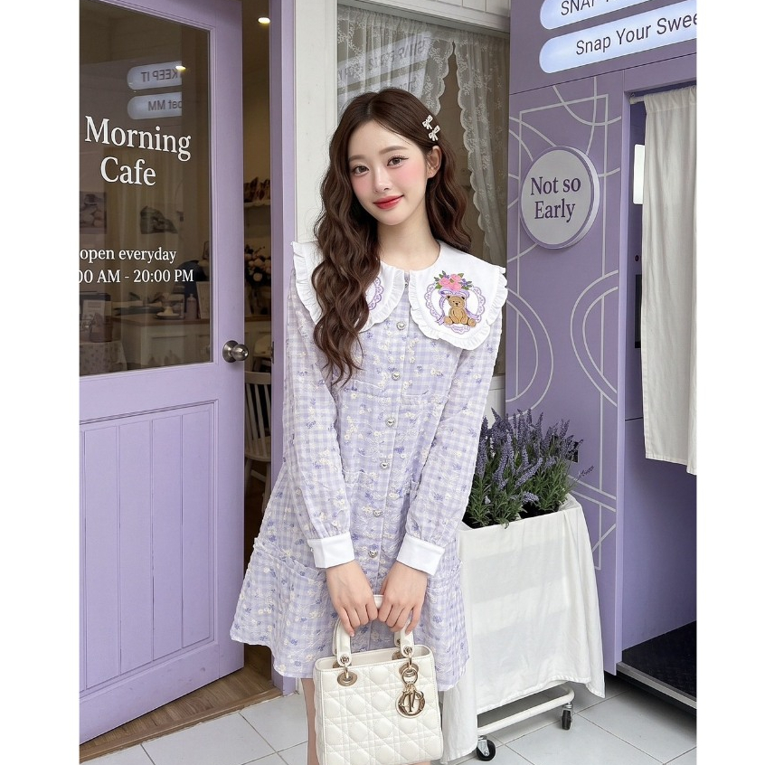 (มีถึง3XL) Maria Diamond สีม่วง Violet Bear Dress เดรสทรงปล่อยผ้าคอตตอนสก็อตงานปัก กระดุมหน้า ปกงานปัก แขนยาว มีซับใน