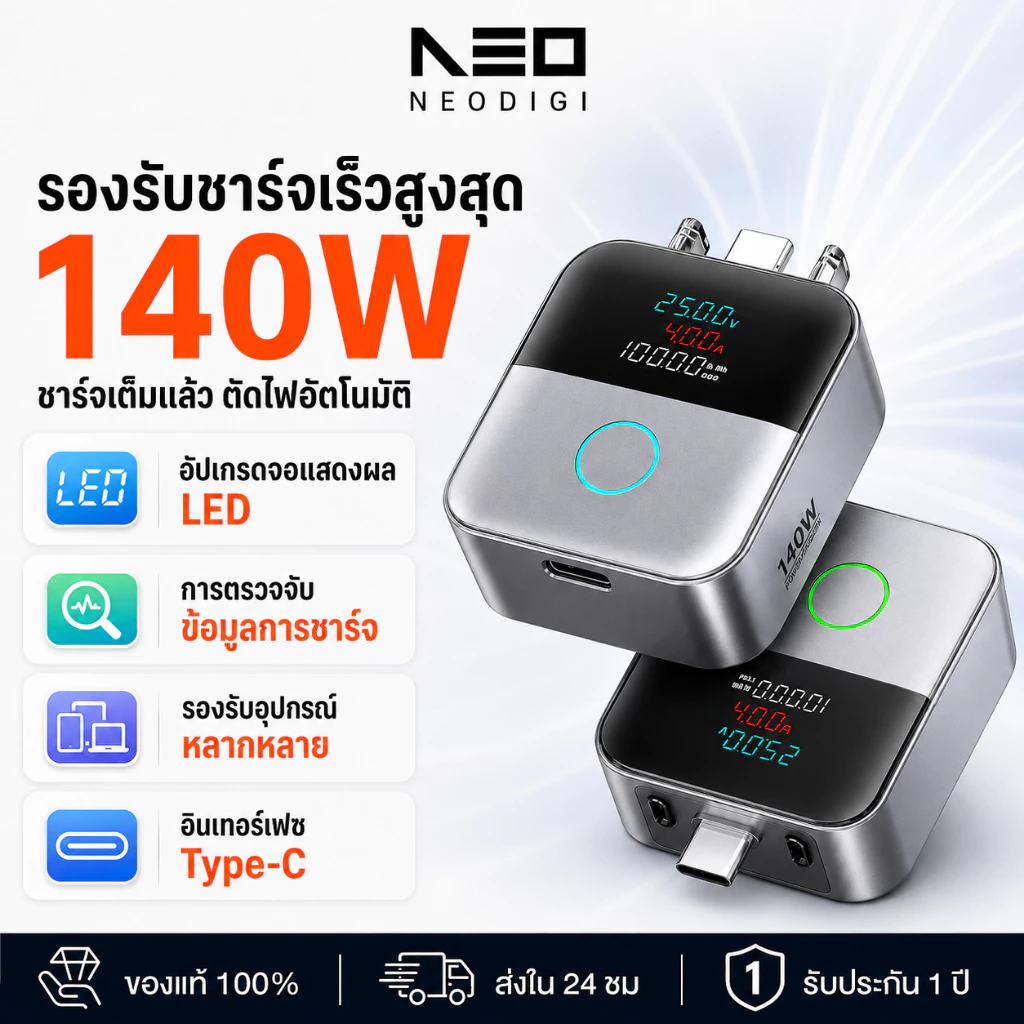 NEODIGI X2 อะแดปเตอร์ชาร์จเร็ว 140W Type-C หน้าจอแสดงผลอัจฉริยะ สําหรับปลอดภัยข้ามคืนชาร์จสมาร์ทอัตโนมัติหยุดชาร์จ