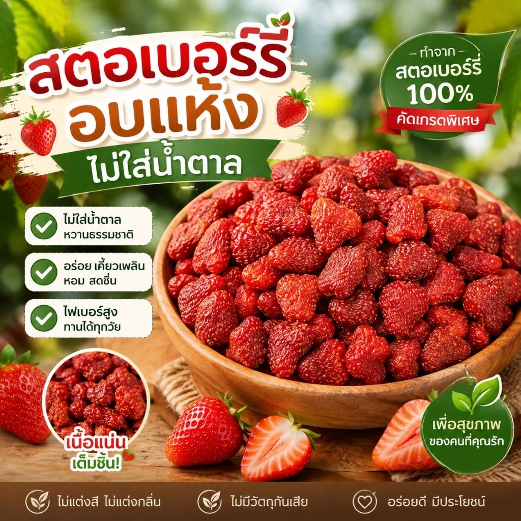 สตรอเบอรี่อบแห้ง ไม่มีน้ำตาล 500g.เกรดส่งออก สตอเบอรี่ ไม่มีน้ำตาล