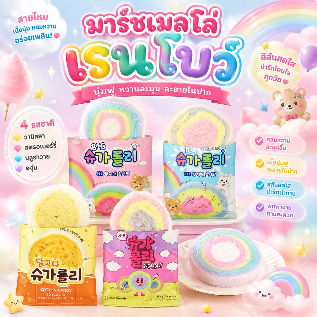 สายไหมเรนโบว์ สีรุ้ง นุ่ม หวานกำลังดี สีสันน่ารัก น่าทาน🍭🍭🍭