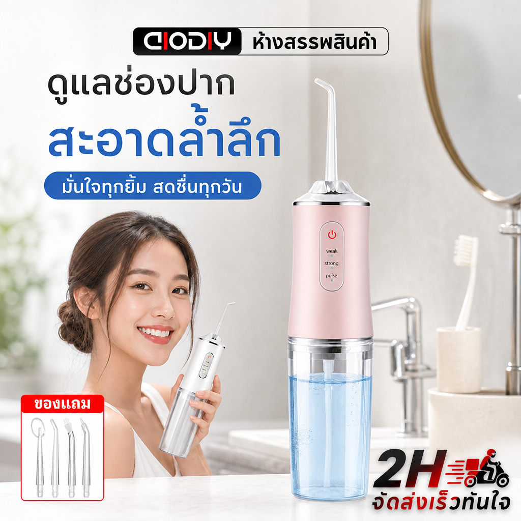 AIODIY เครื่องฉีดน้ำฟันพกพา IPX7 กันน้ำ 4 หัวฉีด ขจัดคราบหินปูน ดูแลช่องปาก สำหรับคนจัดฟัน ชาร์จไฟ