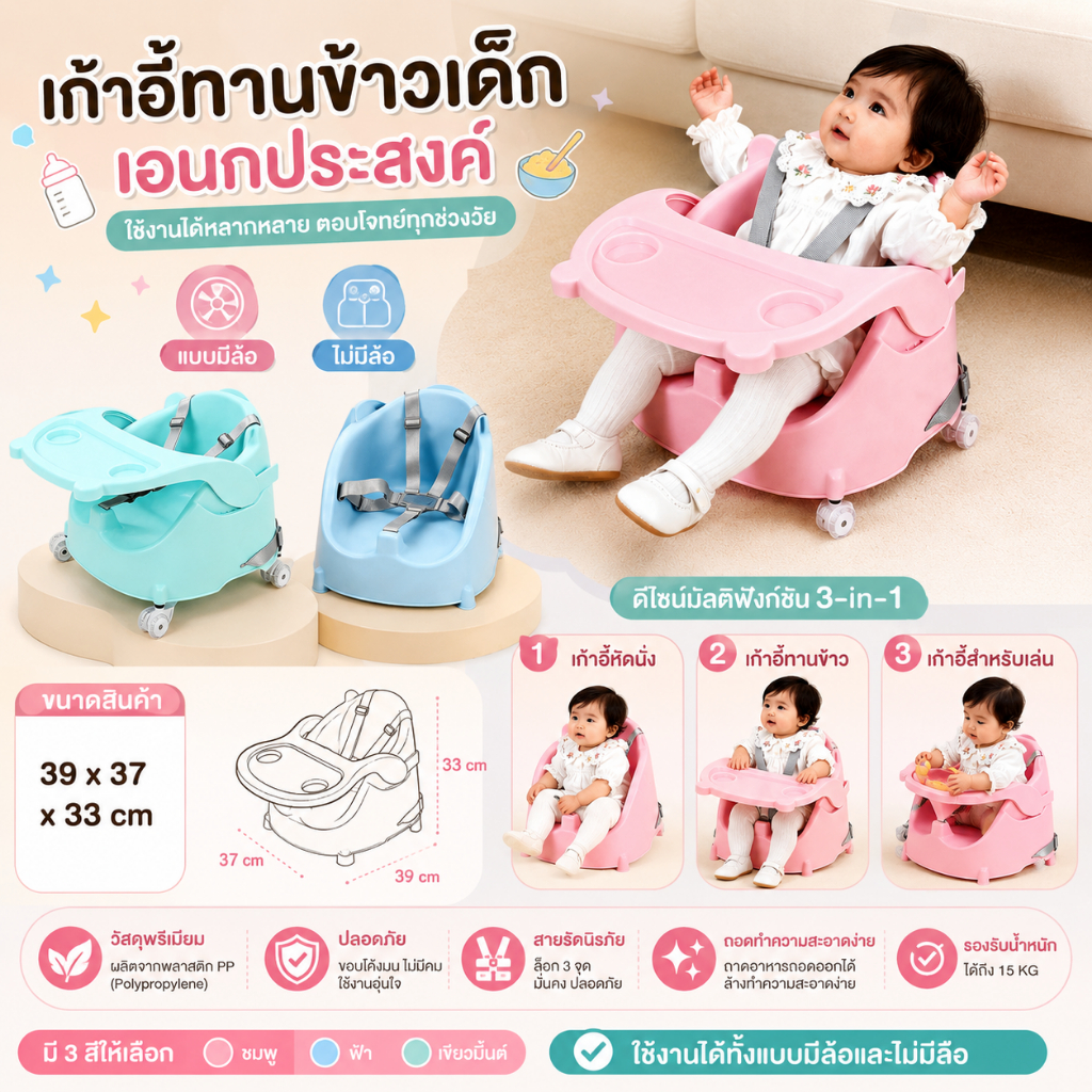เก้าอี้ทานข้าว รุ่นอัพเกรดใหม่ เก้าอี้อเนกประสงค์ โหมดหัดเดิน มีล้อ/ไม่มีล้อ มาพร้อมกับอุปกรณ์เสริม โต๊ะกินข้าวเด็ก