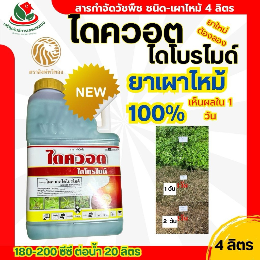 เผาไหม้100% ไดควอตไดคลอไรด์ 4 ลิตร ตราสิงห์หวีทอง ออกฤทธิ์เร็ว เห็นผลใน 3-5ชั่วโมง กำจัดวัลพืชทั้งใบแคบใบกว้าง