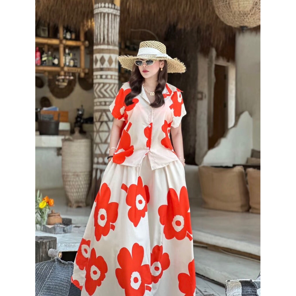 [MEKkO] ชุดเซต2ชิ้น ลายดอกเมกโกะ+กระโปรงยาวทรงสวย สีส้ม