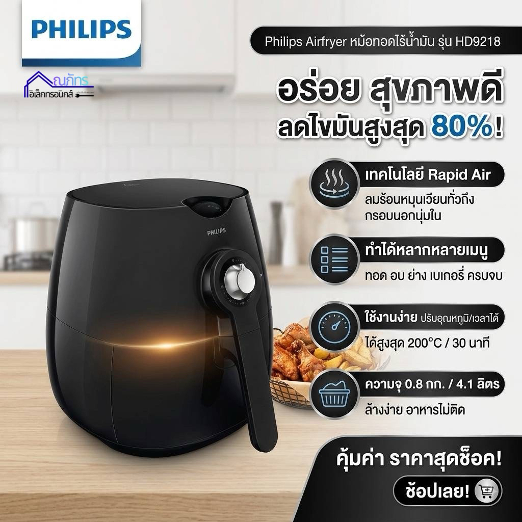 PHILIPS หม้อทอดไร้น้ำมัน Airfryer รุ่น HD9218 สีดำ *ประกันศูนย์ 2 ปี* (ของแท้)