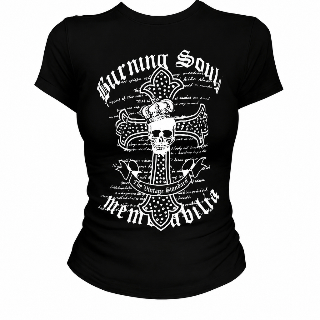 เสื้อผ้าเด็กน้อย 24H Ship Women Y2K Gothic Skull Cross Baby Tee ผ้าฝ้าย แบบสไลม์ฟิต กรันจ์ ขนาด M-4XL