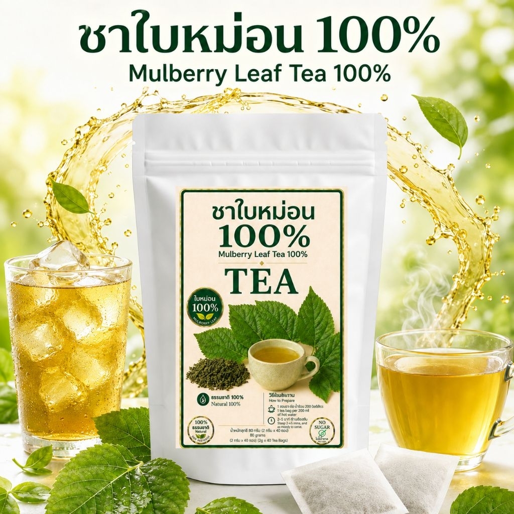 ชาใบหม่อน 100% ชงง่าย บรรจุ 40 ซองชา น้ำหนัก 80 กรัม ไม่มีน้ำตาล