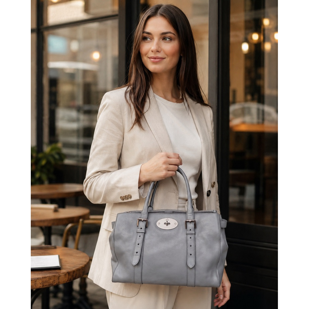 Mulberry Bayswater Double Zip Textured Tote สีเทา