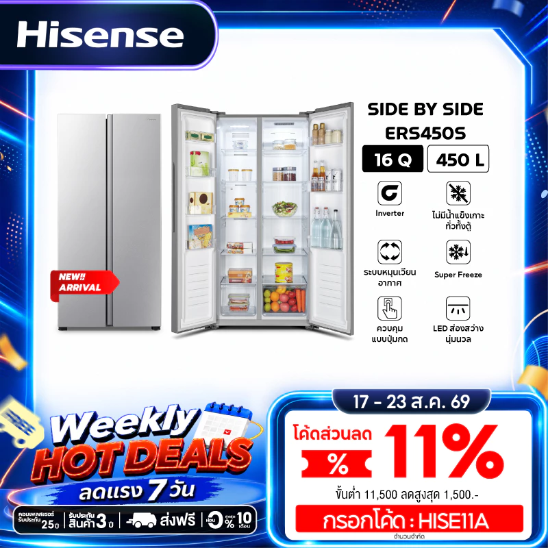 Hisense ตู้เย็น 2 ประตู Side By Side :16Q/450 ลิตร รุ่น ERS450S