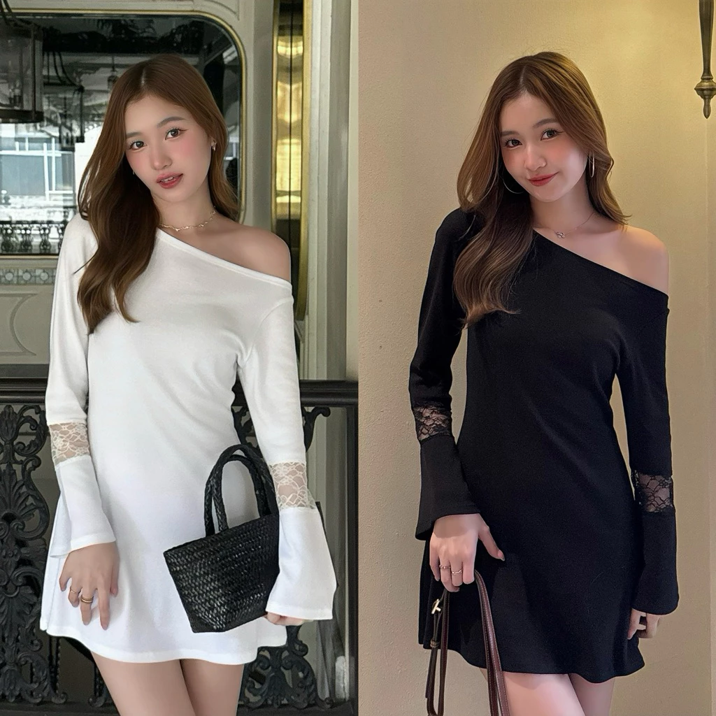 Camelle dress-เดรสปาดไหล่แขนยาวทรงกระดิ่ง แต่งลูกไม้ ลุคลูกคุณหวานหรู ดูแพง ละมุนมาก (เช็คไซซ์ก่อนน้า)