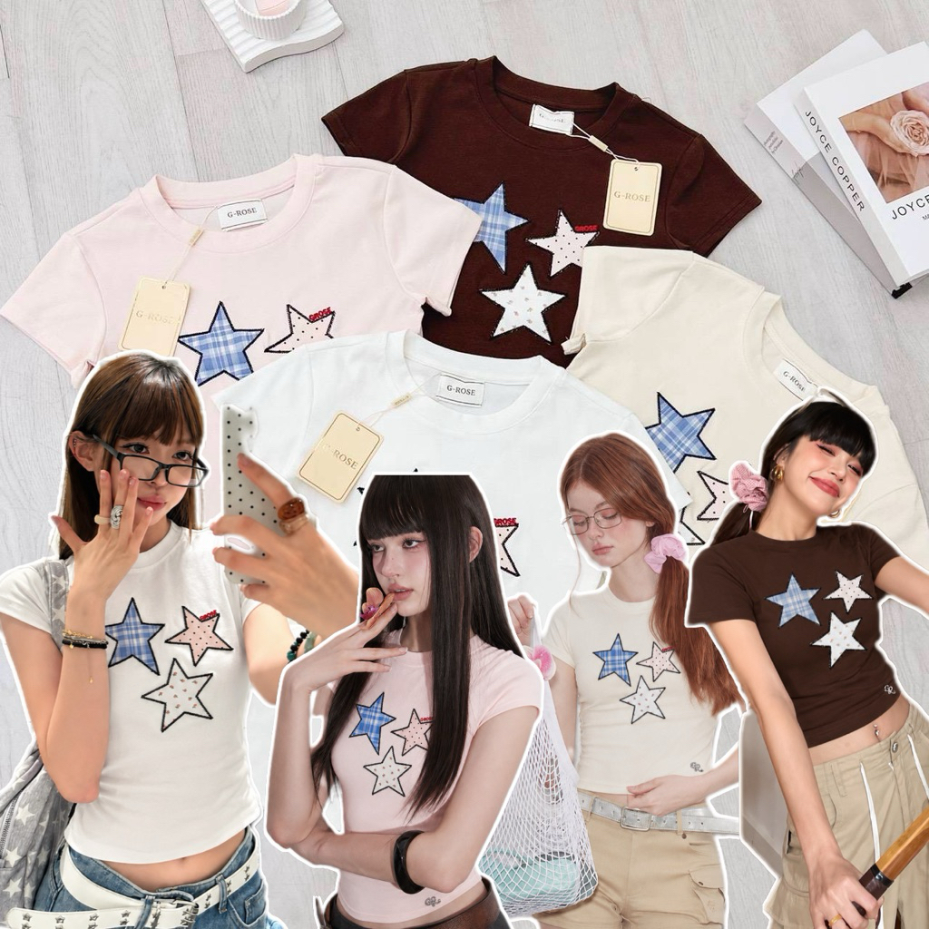 G-Rose New Collection เสื้อยืดเบบี้ทรีดีเทลงานปักหน้าลายดาว เท่ๆ คูลๆ ลุคY2K