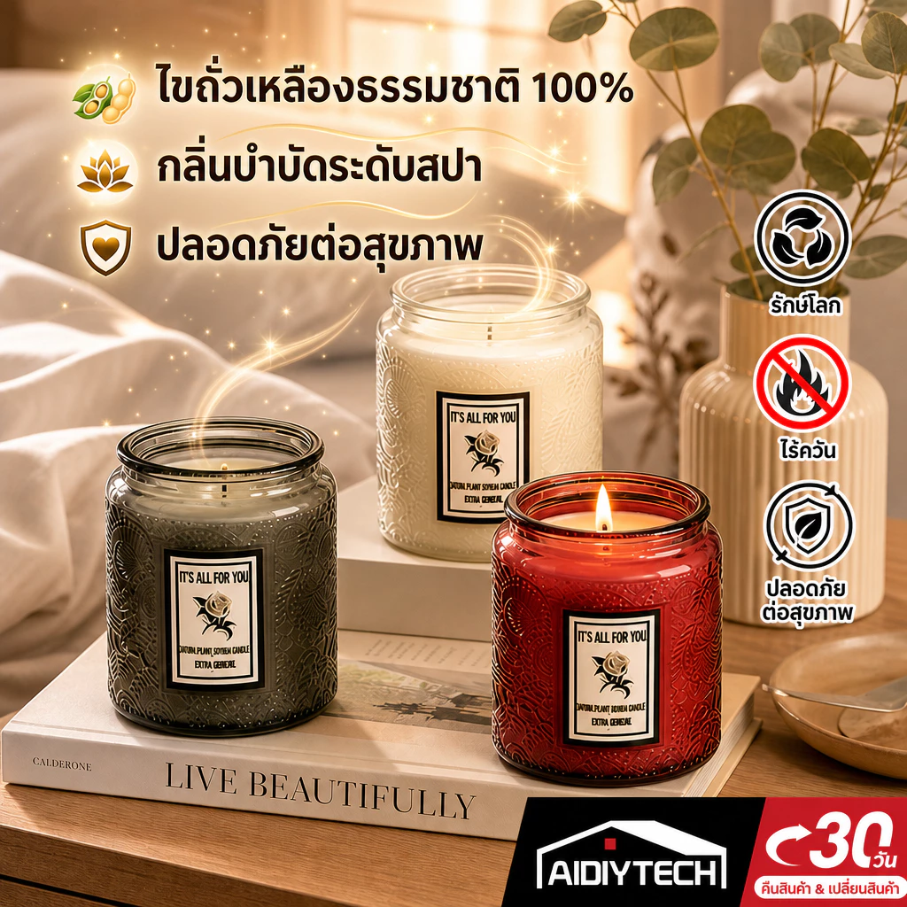 AIDIY เทียนหอมอโรม่า ไขถั่วเหลือง 100% เทียนหอมแก้วหรู ของแต่งห้องมินิมอล ช่วยผ่อนคลาย ดับกลิ่นอับ ของขวัญแต่งบ้านหรู
