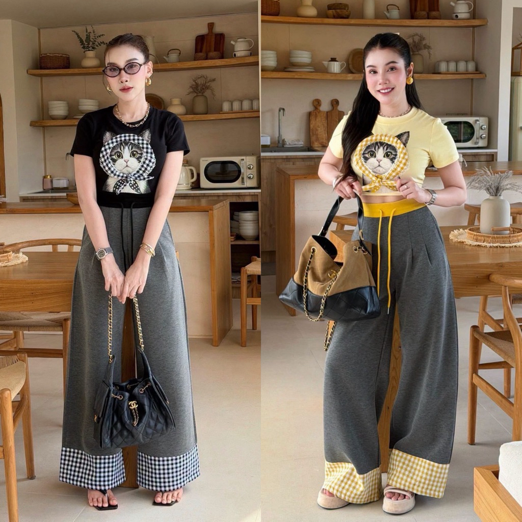 (เสื้อยาว 17“ กางเกง 40”) ชุดวอม ผ้าวอม ลายแมว งานตามหา งานป้าย si-amภ