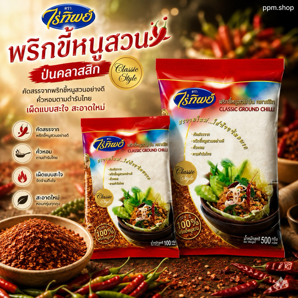 พริกขี่หนูสวนป่น คลาสสิก ตราไร่ทิพย์ Classic Ground Chilli น้ำหนักสุทธิ 100 กรัม เเละ 500 กรัม