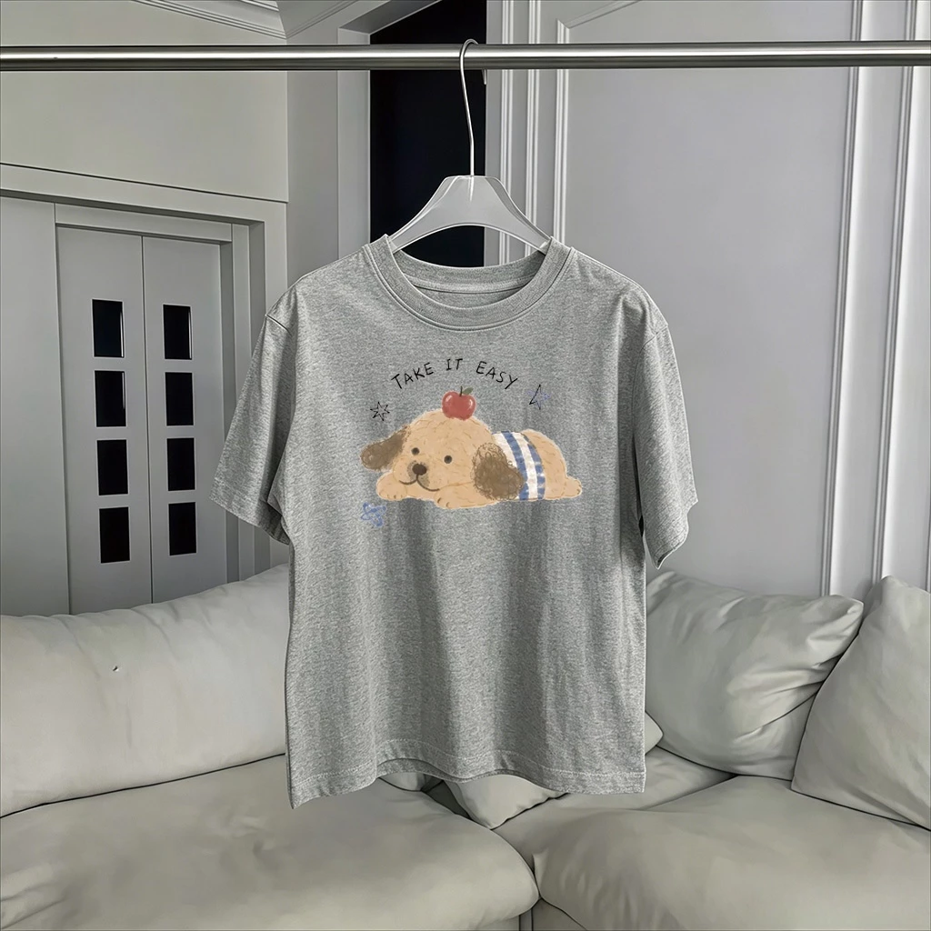 เสื้อ Boxy tee สไตล์เกาหลี ผู้หญิง พิมพ์ลายกระรอกโบว์น่ารัก ทรงกว้าง แขนสั้น ผ้าคอตตอน ใส่สบาย