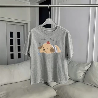 เสื้อ Boxy tee สไตล์เกาหลี ผู้หญิง พิมพ์ลายกระรอกโบว์น่ารัก ทรงกว้าง แขนสั้น ผ้าคอตตอน ใส่สบาย