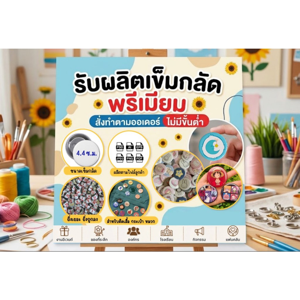 รับทำเข็มกลัดราคาถูก ขนาด 44 มม.เริ่มต้น 12 บาท ยิ่งเยอะ ราคายิ่งถูกลง