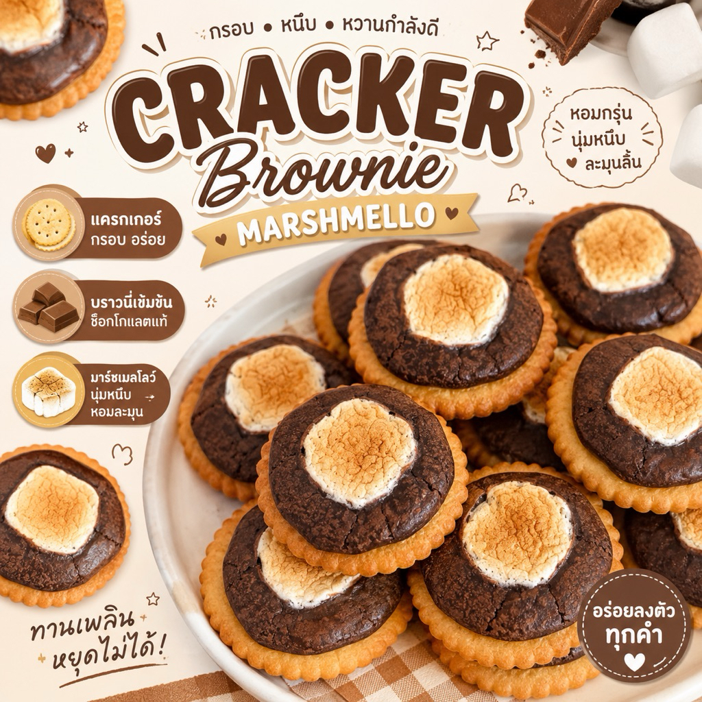 บราวนี่แครกเกอร์มาร์ชเมลโลว์ Brownie cloud Crack ขนมโฮมเมด อบสดใหม่ทุกออเดอร์