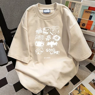 CODเสื้อโซโลน่า oversize สไตล์เกาหลี ผู้หญิง พิมพ์ลายกราฟฟิตี้หัวโครงรูปต่างๆ ข้อความภาษาอังกฤษ แขนสั้น ทรงกว้าง ใส่สบาย