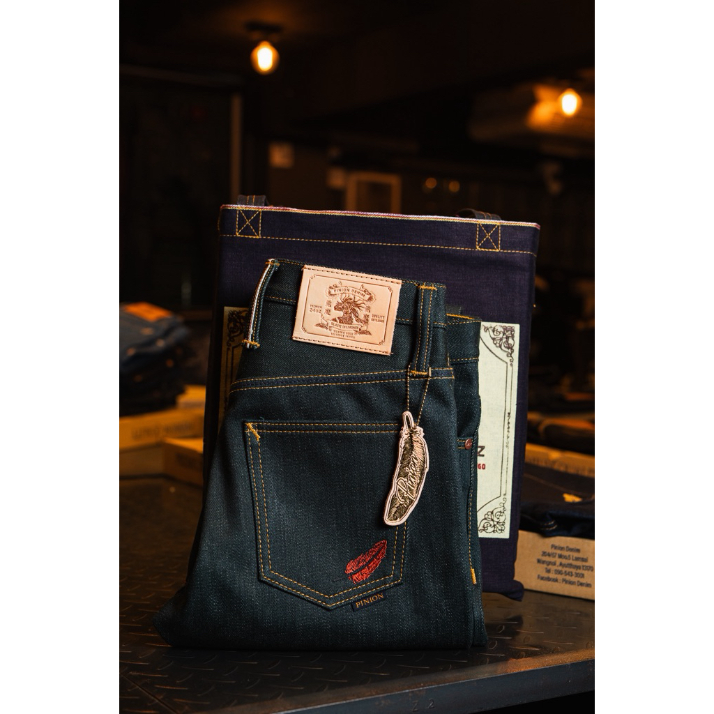 Pinion Denim 24oz BY Okayama Denim รุ่นอสูร  ผ้าเขียว  ( JAPAN RED  SELVEDGE  แรงบันดาลใจจากการย้อมค