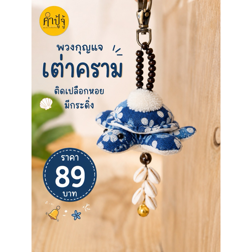 พวงกุญแจเต่านำโชคผ้าคราม คละลายปอมสีขาว ติดเปลือกหอย กระดิ่งเพราะ