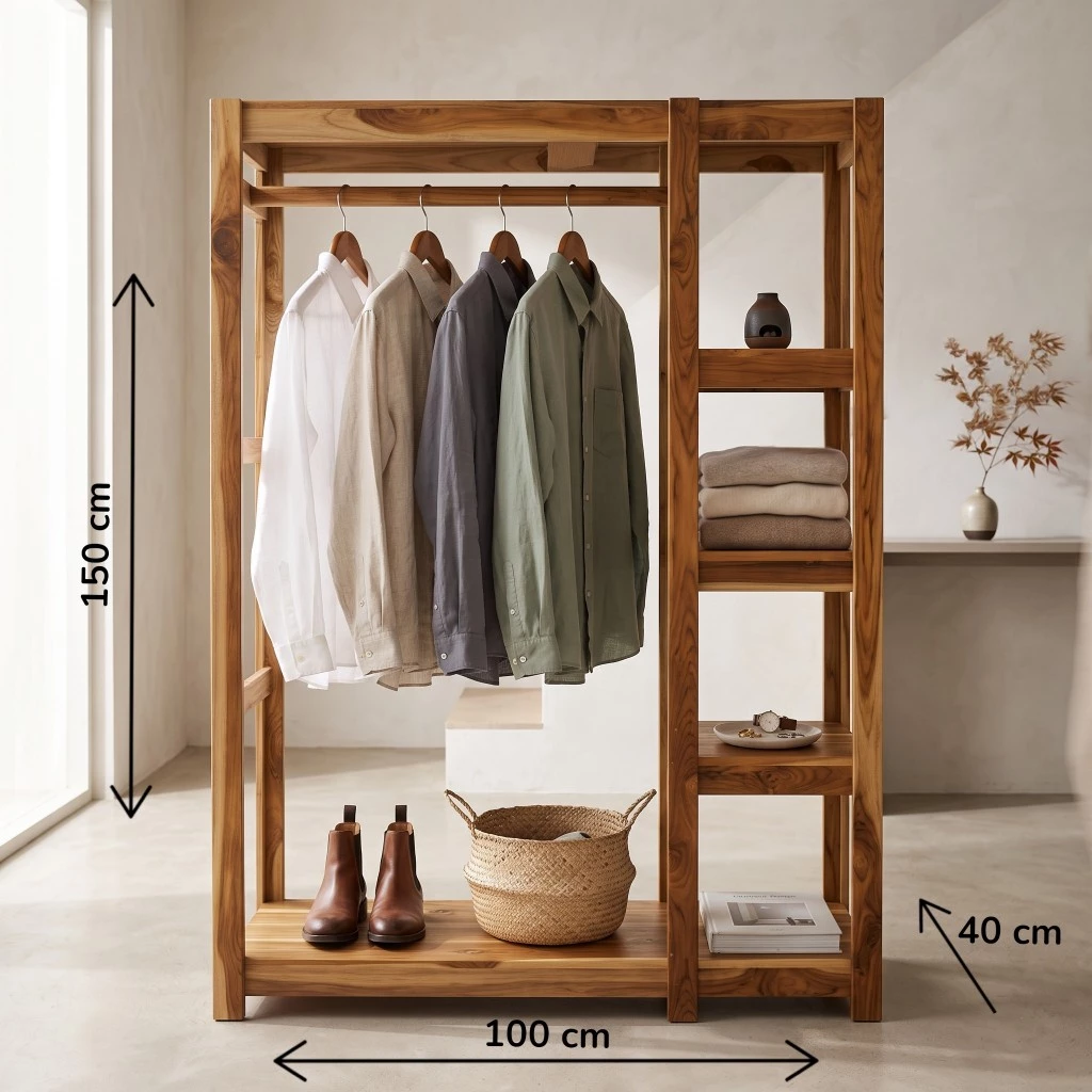 ราวผ้ากล่อง+ชั้น ไม้สักแท้ ขนาดลึก40 ยาว 100 สูง150cm. มีชั้นวางของ4ชั้น