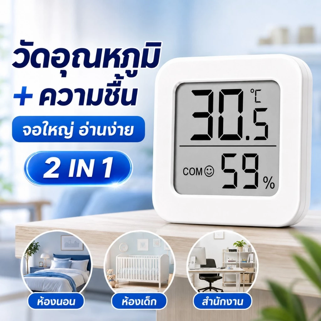 เครื่องวัดอุณหภูมิและความชื้นดิจิตอล ไฮโกรมิเตอร์ จอ LCD ตัวเลขใหญ่ แม่นยำ พร้อมถ่าน ใช้ในบ้านและสำนักงาน