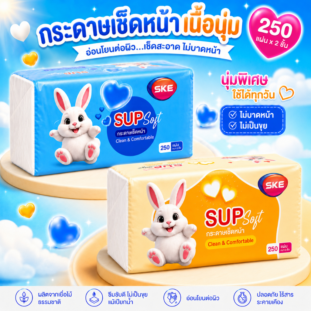 AT.Store กระดาษทิชชู่เช็ดหน้า SUP Soft หนา 2 ชั้น (250 แผ่น) กระดาษเช็ดหน้าเนื้อนุ่ม อ่อนโยนต่อผิว ไม่เป็นขุย