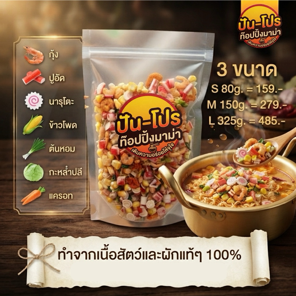 [80/150/320g.] Topping Pun-pro ท๊อปปิ้งมาม่า ข้าวต้ม โจ๊ก ปัน-โปร ประกอบด้วยกุ้งเบาอบกรอบ ปูอัด นารูโตะ ผักอบ ข้าวโพดอบ