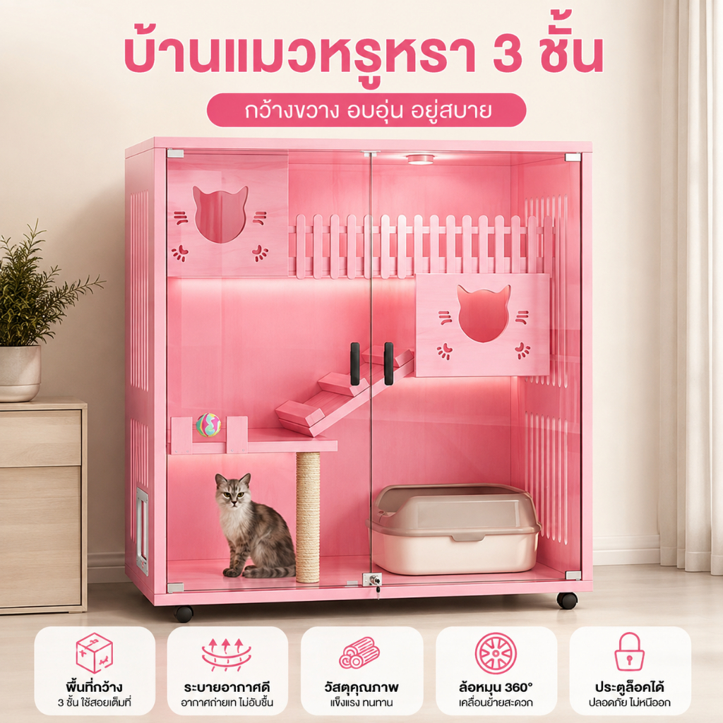 L&Q วิลล่าแมว กรงแมว บ้านแมว พื้นที่กว้างขวาง พร้อมไฟ LED ภายใน สะอาด ดูแลง่าย สีชมพู