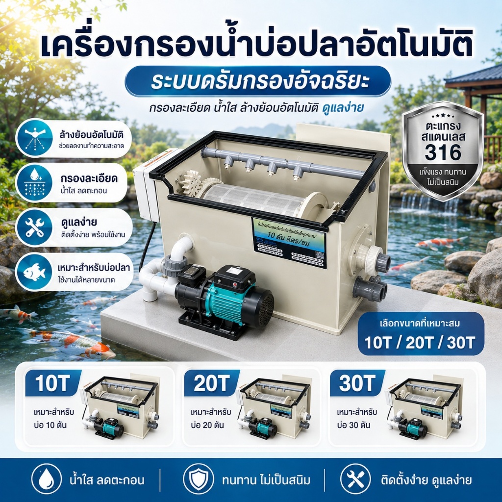 เครื่องกรองบ่อปลาคาร์ฟ Drum Filter อัตโนมัติ ระบบล้างย้อน ตะแกรงสแตนเลส 316 สำหรับบ่อปลา มีรุ่น 10T 20T 30T