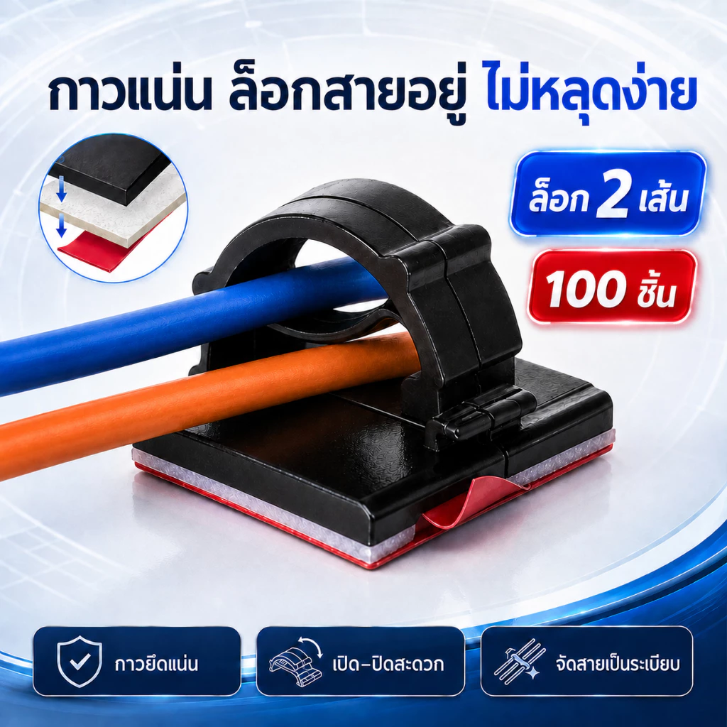 100ชิ้น ตัวล็อคสายไฟ แบบติดกาว เก็บสายไฟ กิ๊บล็อคสายไฟ ที่ล็อคสายไฟ ติดแน่น ไม่เจาะ ยึดสายไฟได้ 2 เส้น