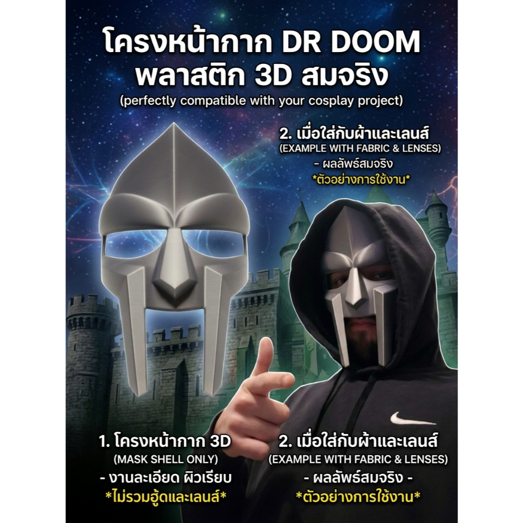 หน้ากาก Dr Doom / MF Doom – พลาสติก 3D สมจริง น้ำหนักเบา สวมใส่ง่าย 🟢 คอสเพลย์ Marvel