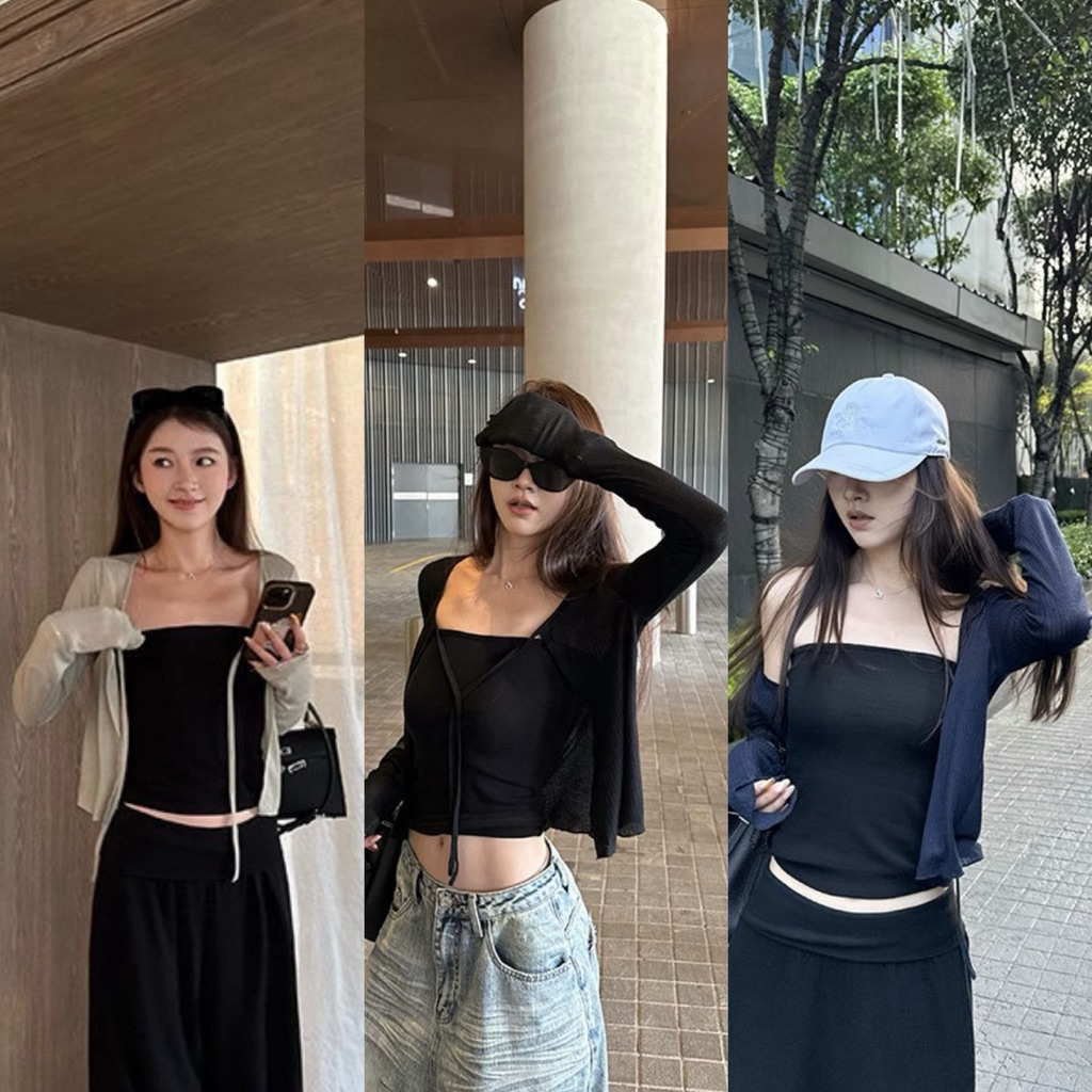 10812# Set 2 pcs เสื้อคลุมแขนยาว + เสื้อเกาะอก เนื้อผ้าดี ทรงสวย  TAG:WG.WE 🇰🇷
