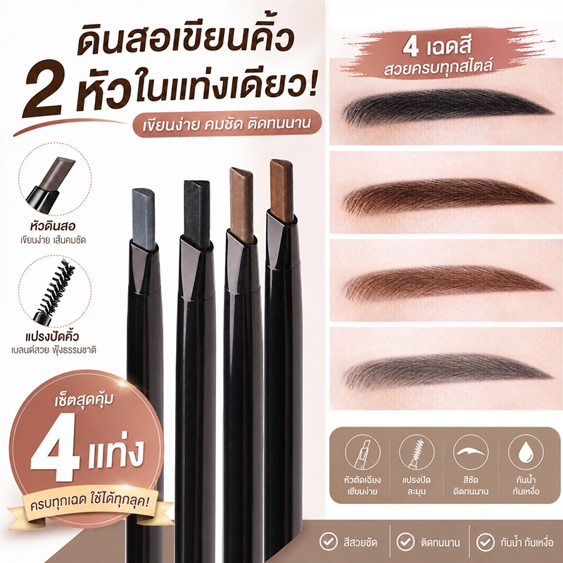 4 ชิ้น ดินสอเขียนคิ้วกันน้ำ 2 in 1 หมุนดินสอเขียนคิ้วพร้อมแปรงเขียนคิ้ว ดินสอเขียนคิ้วสองหัวึ 4 สี