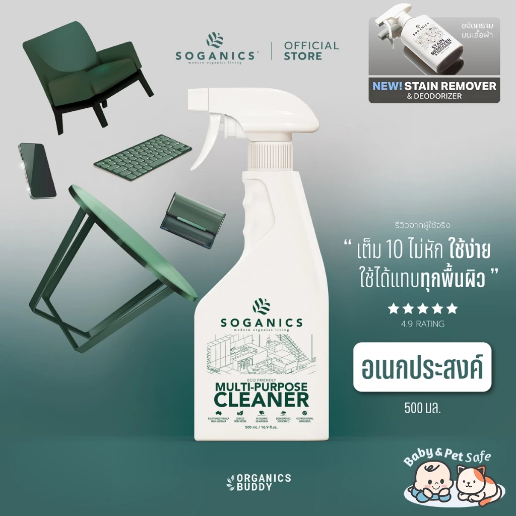 SOGANICS Multi-Purpose Cleaner สเปรย์ทำความสะอาดอเนกประสงค์ ขจัดคราบ ขจัดกลิ่น ไม่ทำลายพื้นผิว
