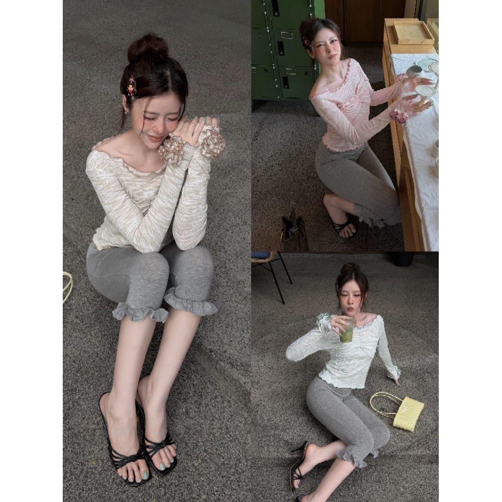 NEW IN CLOUDY CAMELLIA TOP เสื้อยืดแขนยาวแต่งดอกคามิเลีย