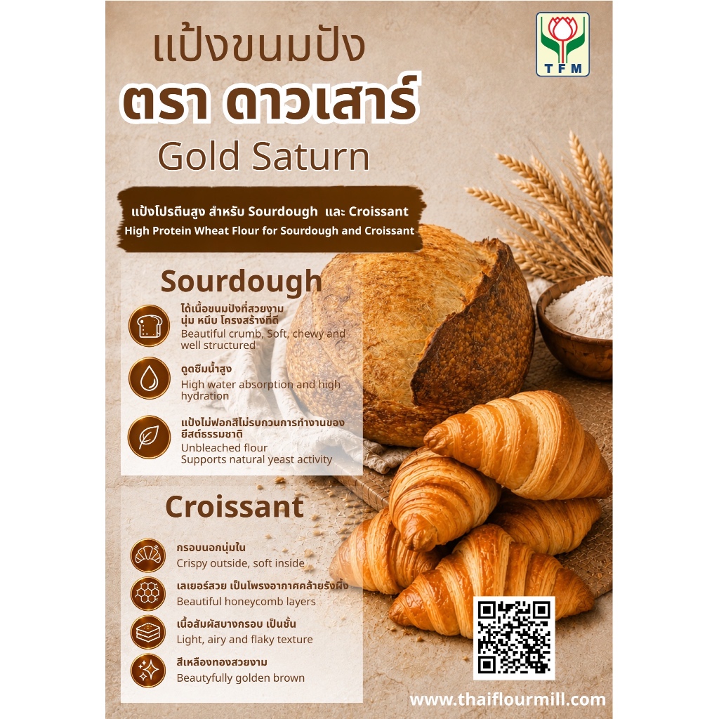 แป้งขนมปัง TFM Gold Saturn แป้งดาวเสาร์ 1 kg High Protein Hard Wheat Flour สำหรับ Sourdough Croissant ขนมปังหมักยาว