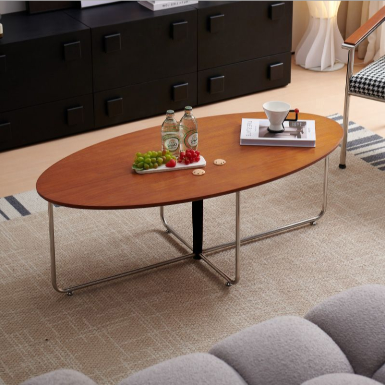โต๊ะกลางห้องรับแขก โต๊ะชา วงรี สีวอลนัท ขนาด 120x60x42 ซม. โครงสแตนเลส แข็งแรง ดีไซน์มินิมอล สำหรับห้องนั่งเล่น