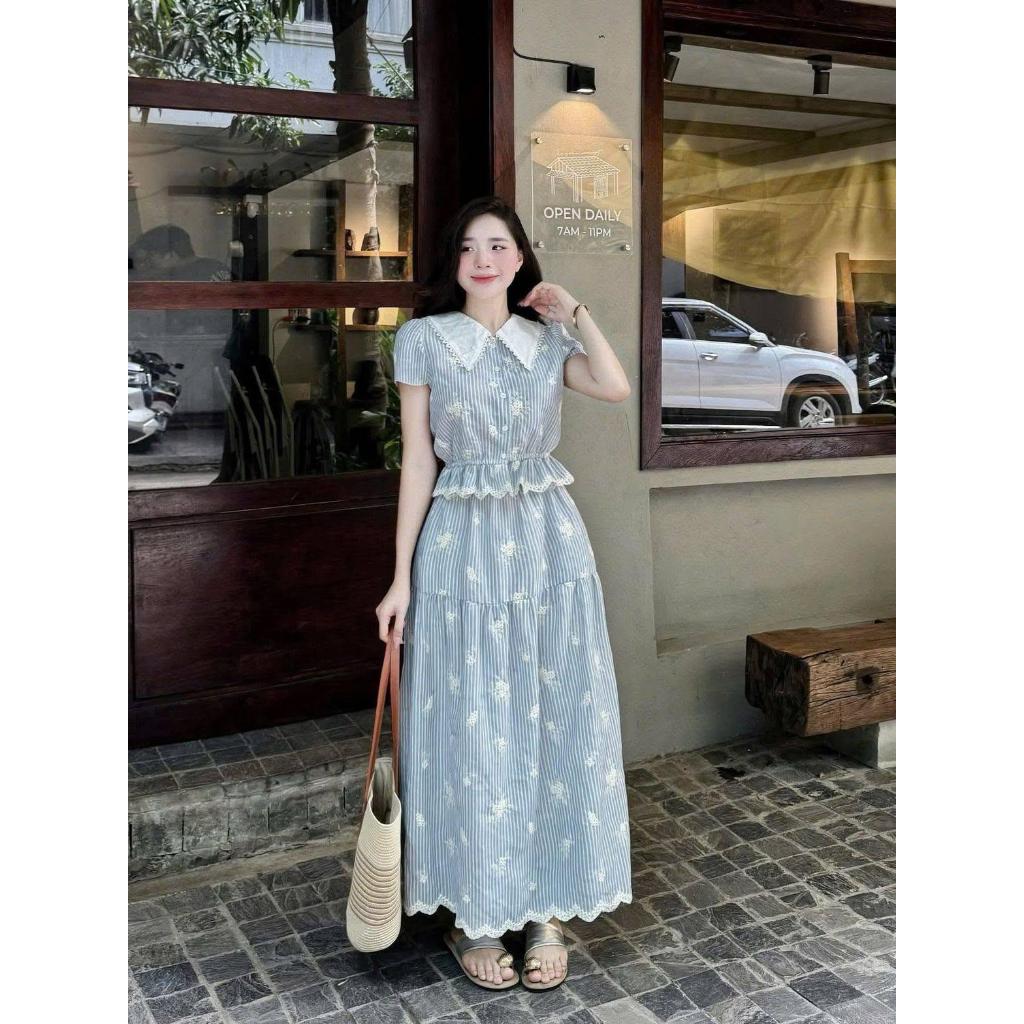CA123 พร้อมมส่ง BELLITA | 'S-5XL' Vintage Daisy Breeze Set | ชุดเซ็ทเสื้อคอปกระบายลูกไม้และกระโปรงบา