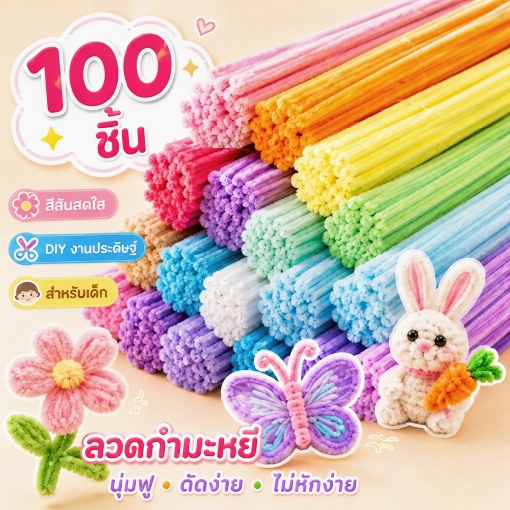 100pcs ลวดกำมะหยี่ เส้นดัด DIY แยกสี สร้างสรรค์งานประดิษฐ์ต่างๆ สำหรับงานฝีมือ สีสันสดใส 8mmดัดง่าย หนาแน่นเป็นพิเศษ