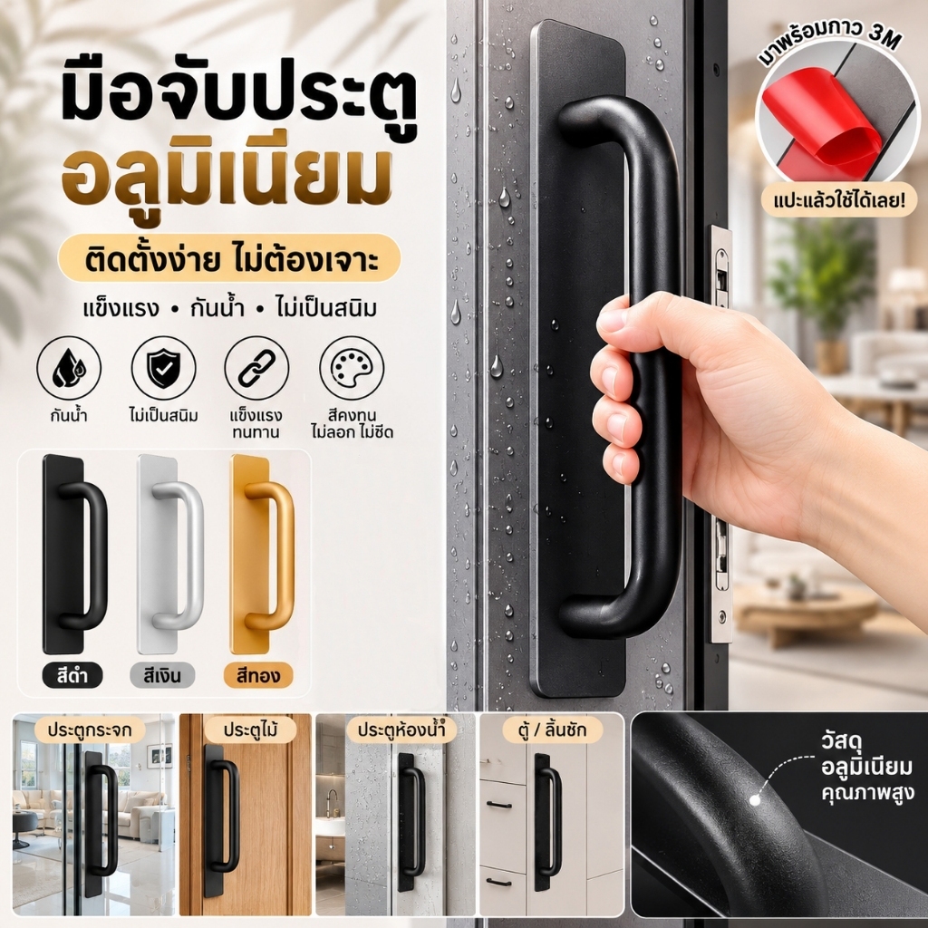 มือจับประตูอลูมิเนียม กาว3M ไม่ต้องเจาะ ติดตั้งง่าย กันน้ำ กันสนิม ไม่ซีดจาง เหมาะประตู กระจก ห้องน้ำ ตู้เสื้อผ้า