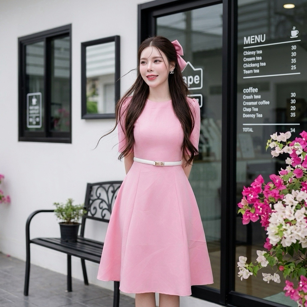 D900 เดรสคอกลมแขนยาว มีกระเป๋าล้วง มีไซส์ S-3XL ความยาว 40 นิ้ว