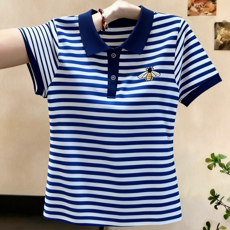 เสื้อโปโลลายทางผู้หญิง รุ่นใหม่ฤดูร้อน2026 ทรงผอม จับคู่ได้ทุกชุด แขนสั้น