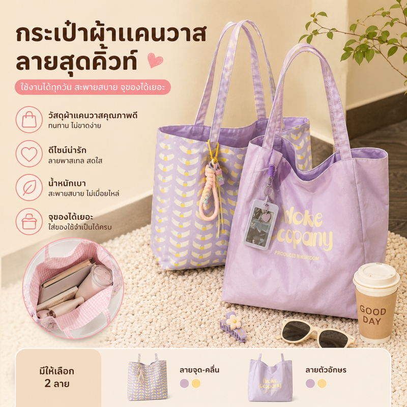 กระเป๋าสะพายไหล่ผู้หญิง ใบใหญ่ น้ำหนักเบา จุของได้เยอะ กระเป๋าผ้าแฟชั่น สีพาสเทล น่ารัก ใช้ไปเรียน ทำงาน ช้อปปิ้ง เดินทา