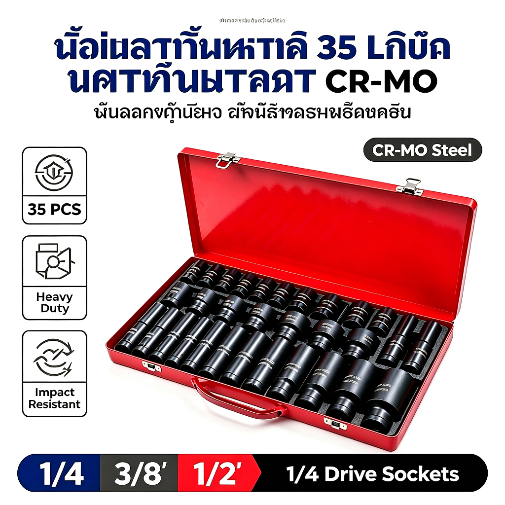 ชุดลูกบล็อกลม 35 ชิ้น 1/2 นิ้ว 4 หุน 8-32mm ลูกบล็อกลึก CR-MO ทนแรงกระแทก สำหรับบล็อกลม ซ่อมรถ งานช่าง อู่ซ่อมรถ