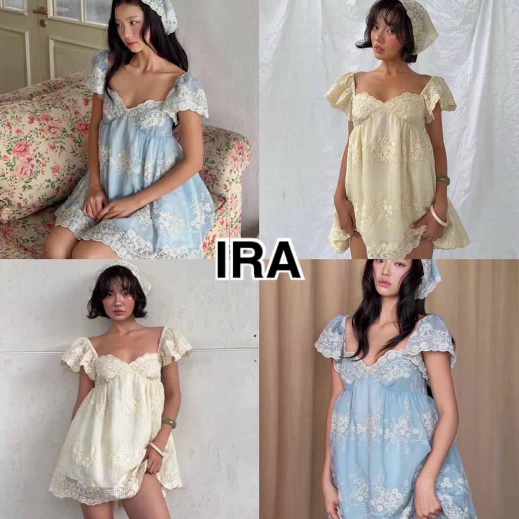 BY IRA (2026-191)Fluffie Minidress เดรสลูกไม้ดอกไม้หวานละมุน แขนพองวินเทจ ทรงน่ารัก สไตล์เกาหลี(แถมผ้าโพก)