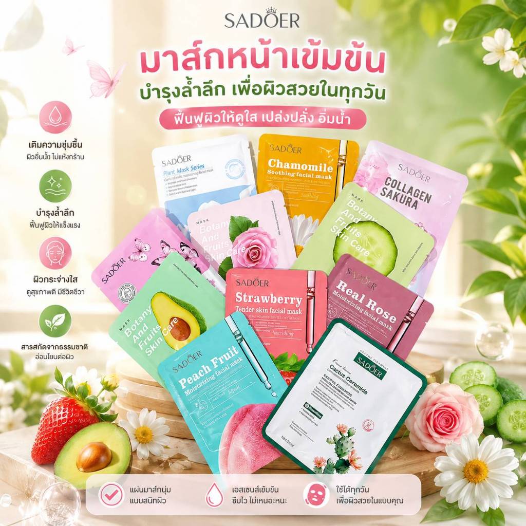 แผ่นมาส์กหน้า SADOER มาส์กสูตรใหม่ บำรุงผิว กระชับรูขุมขน ให้ความชุ่มชื้น (คละสูตร)