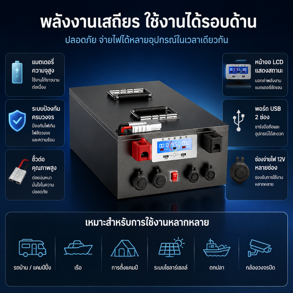 ✨สินค้าพร้อมส่ง✨ แบตเตอรี่ลิเธียมแบบพกพา 12V 150Ah, 100Ah, 150Ah, 200Ah พร้อมจอแสดงผล, อินเทอร์เฟซ U