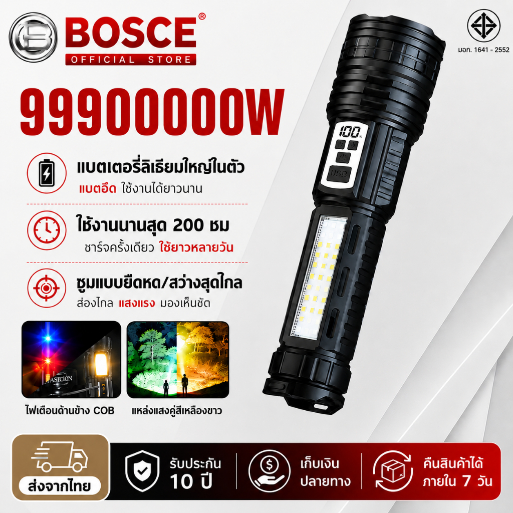【ประกัน10ปี】ไฟฉายแรงสูง ไฟฉาย สว่างสุดไกล จอแสดงแบต ชาร์จType‑C ชาร์จมือถือได้ ปรับซูมได้ ไฟข้างCOB สำหรับแคมป์กลางแจ้ง